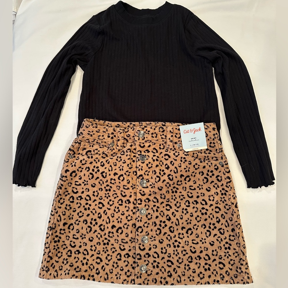 Cat & Jack Black Ribbed Top & Animal Print Skirt Size 10-12